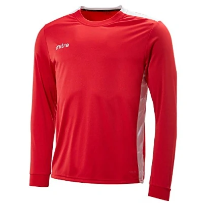 Image of Mitre Men Charge Long Sleeve Football Match Day Shirt Scarlet White Small/34 36 Inch