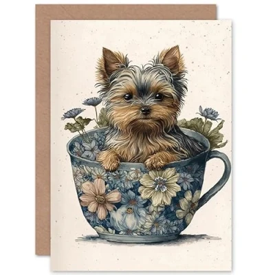 Image of Artery8 Cute Teacup Yorkshire Terrier Dog and Flowers in Floral Tea Cup Modern Watercolour Illustration Art Birthday Sealed Greeting Card Plus Envelope Blank inside