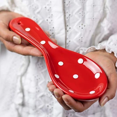 Image of City to Cottage Spoon Rest for Stove Top, Large Ceramic Holder Kitchen Counter, Cooking Utensil Countertop, Handcrafted Red Polka Dot Ladle, Spatula, Tong
