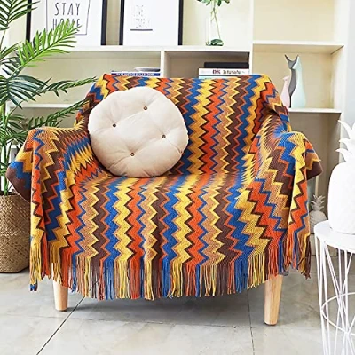 Image of LumiSyne Knitted Throw Blanket Tassels Houndstooth Bohemian Check Soft Cozy Woven Sofa Throws Warm Armchair Cover Decorative For Couch Bed Settee 230x130cm
