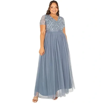 Image of Maya Deluxe Women&#039;s Maxi Dress Ladies Bridesmaid V Neck Ball Gown Short Sleeves Long Elegant Empire Waist Wedding, Dusty Blue, 8