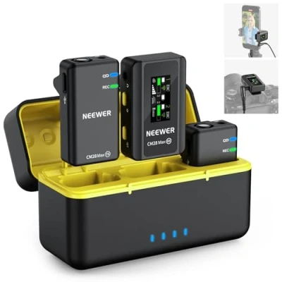 Image of NEEWER CM28 Max Wireless Lavalier Microphone System with Charging Case 48KHz/24Bit Lossless Float Recording Noise Cancellation 8GB Storage 25Hrs Battery 300m Range for iPhone iPad Android Camera PC