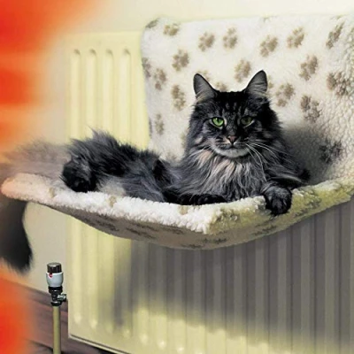 Image of Danish Design Beige Pawprint Kumfy Kradle Cat/Kitten Machine Washable Sherpa Fleece Wide Radiator Bed