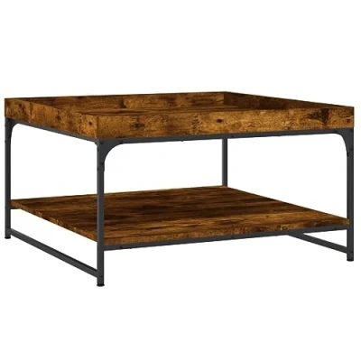 Image of vidaXL Smoked Oak Coffee Table: Engineered Wood Construction, Iron Frame, Spacious Storage, Adjustable Feet, and Modern Square Design