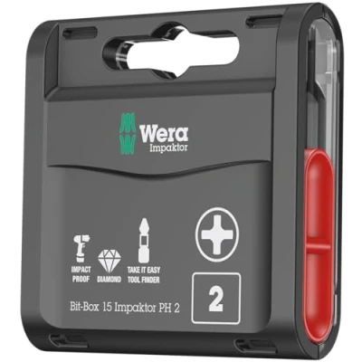 Image of Wera Bit Box 15 Impaktor PH2 TriTorsion Impact bits, anti cam out Phillips 2x25mm, 15pc pack, 05057752001(use with 897 4 IMP Holder), Black