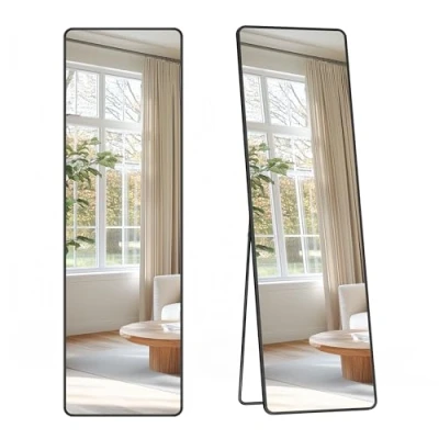 Image of SONGMICS Full Length Mirror, 150 x 40 cm, Rectangle Body Mirror with Stand, Aluminium Alloy Frame, Tempered Glass, for Bedroom, Living Room, Cloakroom, Ink Black LFM034B01