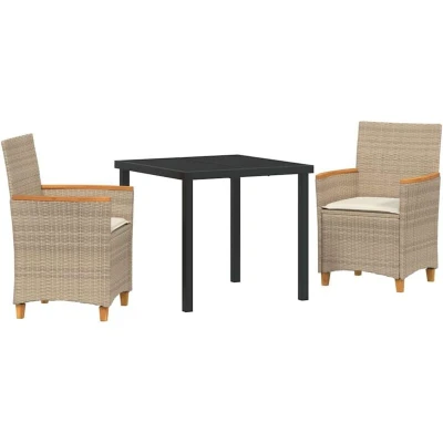 Image of vidaXL 3 Piece Garden Dining Set with Cushions Beige Poly Rattan
