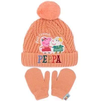 Image of Peppa Pig Hat and Mittens Set Kids Children Toddlers Girls Peach Suzy Sheep Winter Double Lined Beanie Gloves One Size