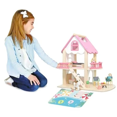 Image of Wooden DollHouse for Kids, Dolls house 2 Story Wood Playset with Furniture Accessories and Toddlers, Boys Girls