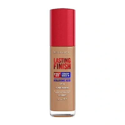 Image of Rimmel Lasting Finish 35Hr Foundation 303 Honey, Full Coverage, Hydrating, SPF20, Hyaluronic Acid, Vitamin E, 2% Niacinamide, All Day Wear, Vegan, Cruelty Free