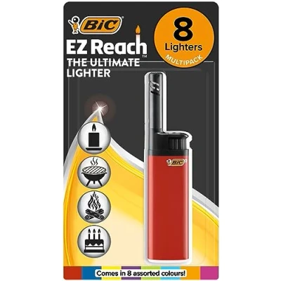 Image of BIC EZ Reach Utility Lighters with 3.5 cm Wand, The Ultimate Lighter&#039; Produces up to 900 Lights perfect for Candles, Gas Cookers &amp; BBQs Pack of 8 in Assorted Colours