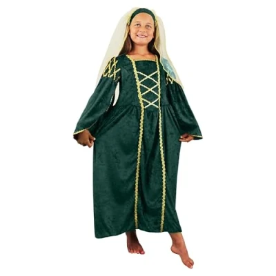 Image of Green Girls Tudor Queen Fancy Dress Costume Medieval Princess Shakespearean History with Headpiece (7/9 Years)