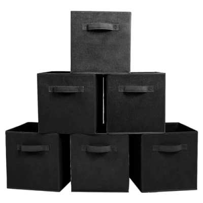 Image of PowerKing Fabric Storage Box Organiser, 6 Pieces Foldable Cube in Shape, Black