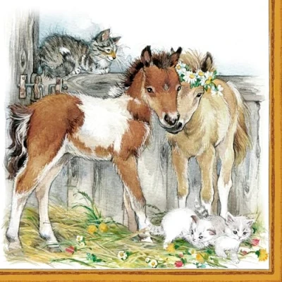 Image of Anniversary House Tiflair Kitten &amp; Foals in Stable Lunch Napkins 3 ply, Pack of 20, for Decoupage 33 x cm, Horses