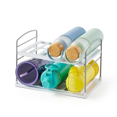 Image of YouCopia UpSpace Water Bottle and Travel Mug Cabinet Organizer, Adjustable Storage Rack for Kitchen Organization, 2 Shelf