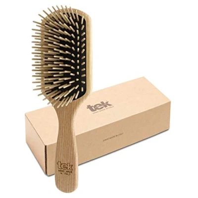 Image of TEK Rectangular Brush with Long Tooth in Ash Wood Handmade Italy, for Long, Thick and Straight Hair 22 x 6.5 cm