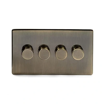 Image of Soho Lighting Antique Brass 4 Gang 2 Way Trailing Edge Dimmer Light Switch Screwless 100W LED (250w Halogen/Incandescent)