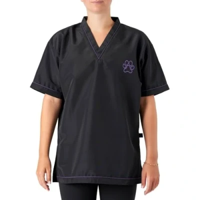 Image of Groomers Dog Grooming V Neck Tunic Hair Resistant &amp; Lightweight Machine Washable Quick Drying Unisex Short Sleeve Professional Workwear (UK, Alpha, 3XL, Regular, Black Purple Piping)