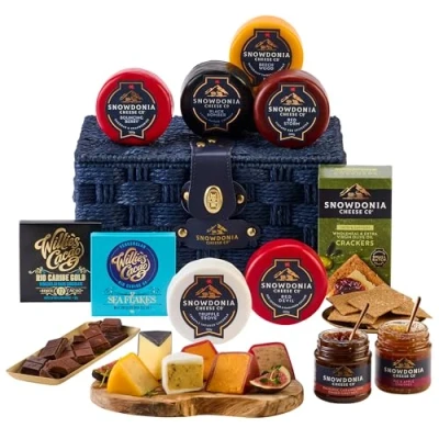 Image of Snowdonia Cheese Company Decadent Hamper Gift Basket 6 Award Winning Cheeses, Chutneys, Crackers &amp; Chocolate Delivered Chilled