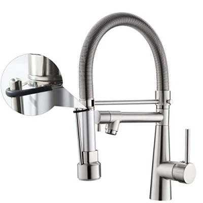Image of TIMACO LED Kitchen Tap 360 Swivelling with Spiral Spring Shower Extendible Gastro High Pressure Sink Mixer Brushed Nickel