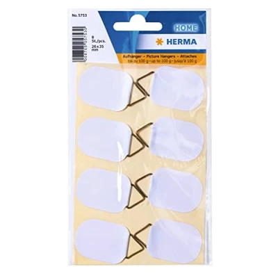Image of HERMA 5753 Picture Hangers for Gluing Diameter 26 x 35 mm Pack of 8 Paper with Linen Structure Self Adhesive Permanent Load 100 g White