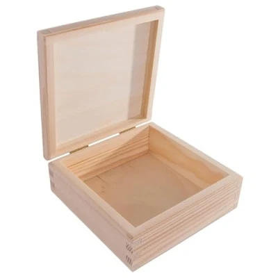 Image of Small Square Wooden Box with Hinged Lid 15 x 6 cm Trinket Memory Keepsake Storage Unpainted &amp; Untreated Plain Decorative Pine for Craft Decoupage
