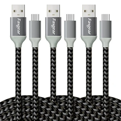 Image of Fasgear USB to C Cable (10ft) Extra Nylon Braided Type Cables Fast charging Sync Compatible with Galaxy S10/S9/S8+, Moto Z2, LG V30/G6, Nokia N1 and More (3 Pack, Black)