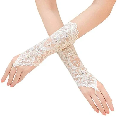 Image of SUNTRADE Lace Wedding Gloves,Fingerless Rhinestone Bridal Gloves for Prom Evening Party