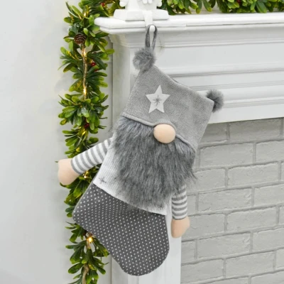 Image of Mr Crimbo Gonk Christmas Stocking Gnome 3D Arms Nose Pom Poms Knit Fleece 54cm Grey