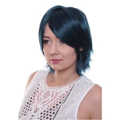 Image of Prettyland Mid length Hair Wig Straight Layered Fringed Cut with Long Bangs Peacock Green &amp; Blue C841