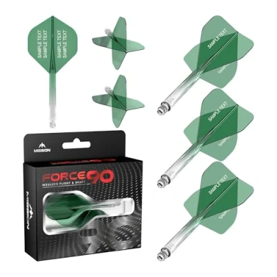 Image of Mission Darts Force 90 Personalised Integrated Precision Moulded Dart Flight And Shaft System, Highly Durable Combined Flights Stems Standard No.2. (Transparent Green, Tweenie)
