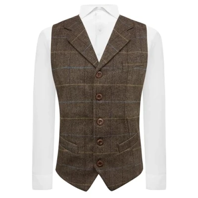 Image of King &amp; Priory Walnut Brown Herringbone Check Waistcoat with Lapel L