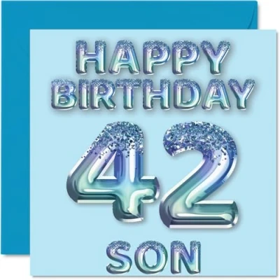 Image of 42nd Birthday Card for Son Blue Glitter Party Balloons Happy Cards 42 Year Old from Mum Dad Parents, 145mm x Bday Greeting Gift