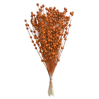 Image of Mokyler Christmas Glitter Berries Stems, 100 PCS Artificial Berry Stems Picks Beaded Sticks for Holiday Party Wedding Home Decoration, Orange