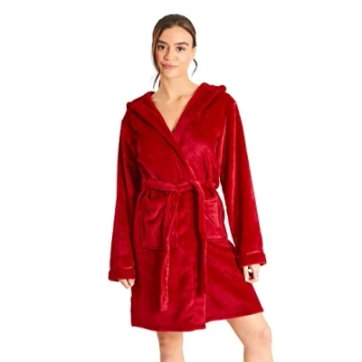 Image of Ladies Dressing Gown Super Soft Hooded Bathrobe for Women Plush Fleece Perfect Loungewear Long Robe, Gifts (Red, L)