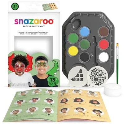 Image of Snazaroo Dragons &amp; Dinosaurs Face Painting Palette Kit for Kids Adults, 8 Colours, 13pcs, Stencils, Brush, Sponge, Guide, Water Based, Easily Washable, Non Toxic, Makeup, Body Parties