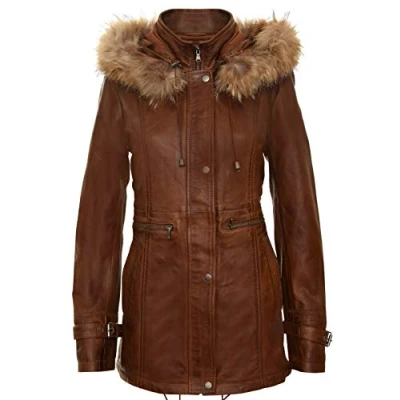 Image of Women&#039;s Brown Warm Leather Jacket Detachable Hooded Parker Trench Coat 2XL
