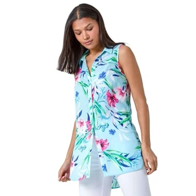 Image of Roman Originals Sleeveless Shirt for Women UK Ladies Blouse Top Button Through Summer Smart Casual Work Cocktail Party Office Holiday Special Occassion Evening Going Out Blue Green Pink Size 18