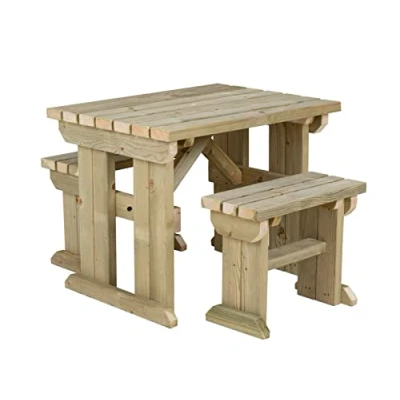 Image of Arbor Garden Solutions Wooden picnic table and benches set, Yews compact patio furniture (4ft, Light Green (Natural))