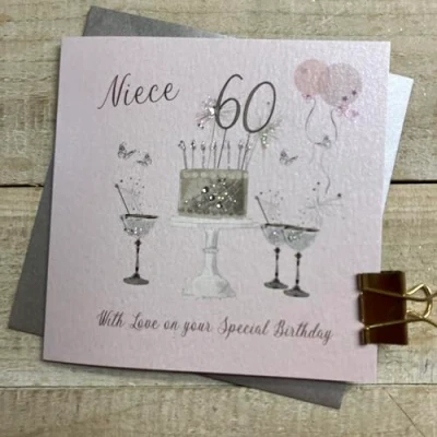 Image of WHITE COTTON CARDS Happy 60th Birthday Card Niece Champagne Glasses &amp; Sparkly Cake SS42 NIE60