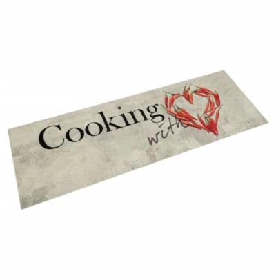 Image of vidaXL Kitchen Rug Runner Anti Fatigue, Washable Velvet Mat with Peper Cooking Design, Non Slip Latex Backing, 180x60 cm in Modern Grey
