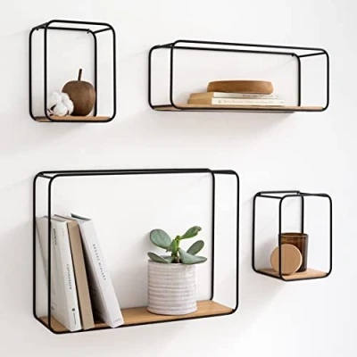 Image of Kazai. Wall Shelves Jona 4 Part Shelving Unit made of Metal and Real Wood Veneer Decor, Storage Book Shelf for Bathroom, Living Room, Kitchen, Bedroom More Oak