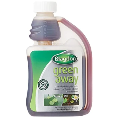 Image of Blagdon Green Away Pond Water Treatment, Clears and Suspended Algae Particles, Natural, Plant Friendly, Safe for Fish, 250 ml, Treats 5,000 Litres of Water,package may vary