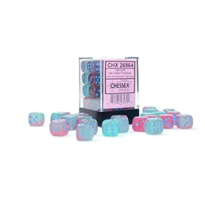 Image of Chessex Dice Set 12mm Gemini: Gel Green Pink/Blue Luminary Block Dungeons and Dragons D&amp;D DND TTRPG Includes 36 D6 (CHX26864)