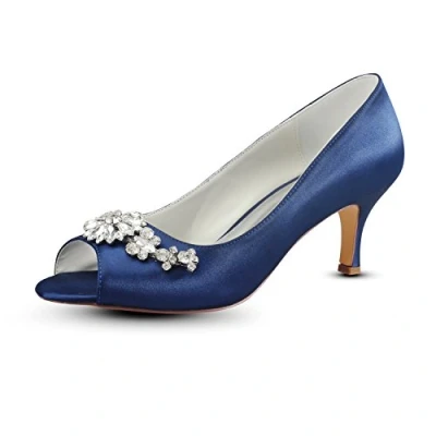 Image of Emily Bridal Silk Mother Shoes Deep Blue Rhinestones Peep Toe Wedding Kitten Heel Guest (EU38/UK5, Navy Blue)