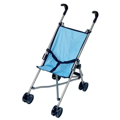 Image of DOLLSWORLD from Peterkin Deluxe blue four wheel folding stroller, suitable for Dolls up to 56cm (22&quot;). Stroller measures 52 x 27 55cm &amp; Accessories Ages 3+