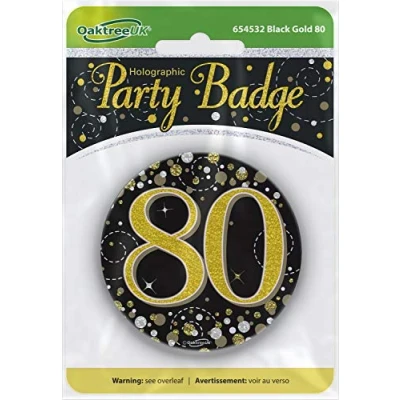 Image of OakTree 3&quot; Badge 80th Birthday Sparkling Fizz Black Gold Holographic