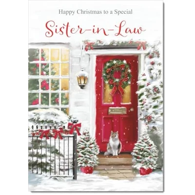 Image of doodlecards Sister in Law Christmas Card Red Door Medium Size with Plain Envelope, 21 x 15cm