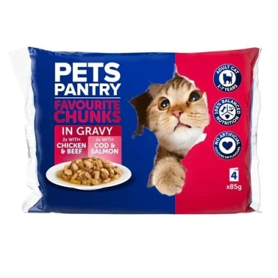 Image of HiLife Pets Pantry Complete Wet Cat Food Favourite Chunks in Gravy Chicken, Beef, Cod, Salmon, 13 x (4 85g)