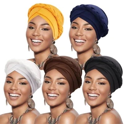 Image of DRESHOW Women Turban Pre Tied Twisted Braid Hair Cover Wrap Hat African Beanie Headwraps Chemo Cancer Cap